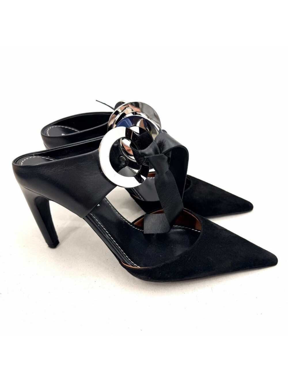 Proenza Schouler Calf Ring Mules Black Suede Leather Silver Grommet Heels 36